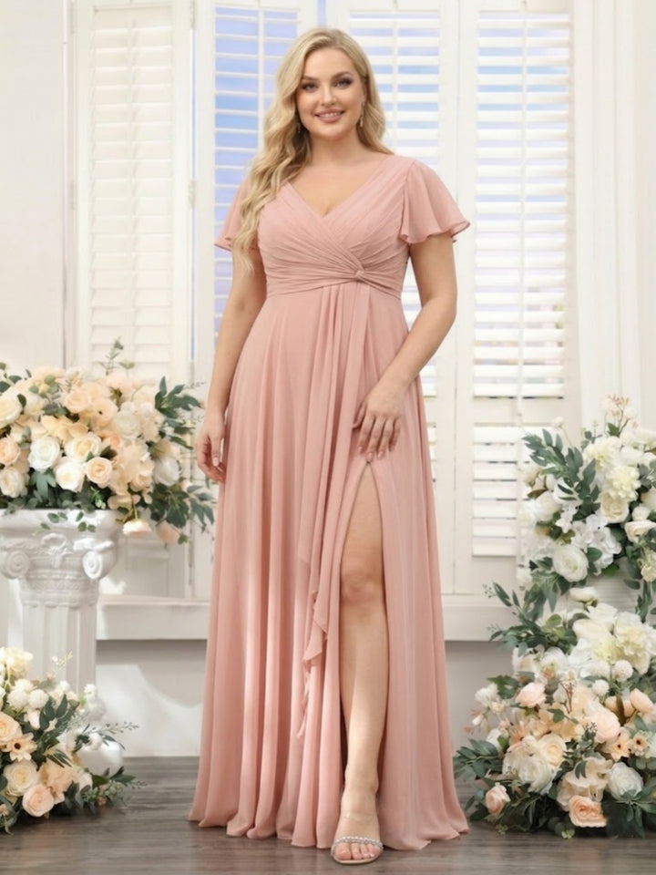 A-Line V-Neck Short Sleeves Split Side Chiffon Plus Size Bridesmaid Dresses