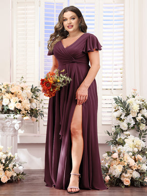 A-Line V-Neck Short Sleeves Split Side Chiffon Plus Size Bridesmaid Dresses