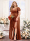 A-Line V-Neck Short Sleeves Split Side Chiffon Plus Size Bridesmaid Dresses