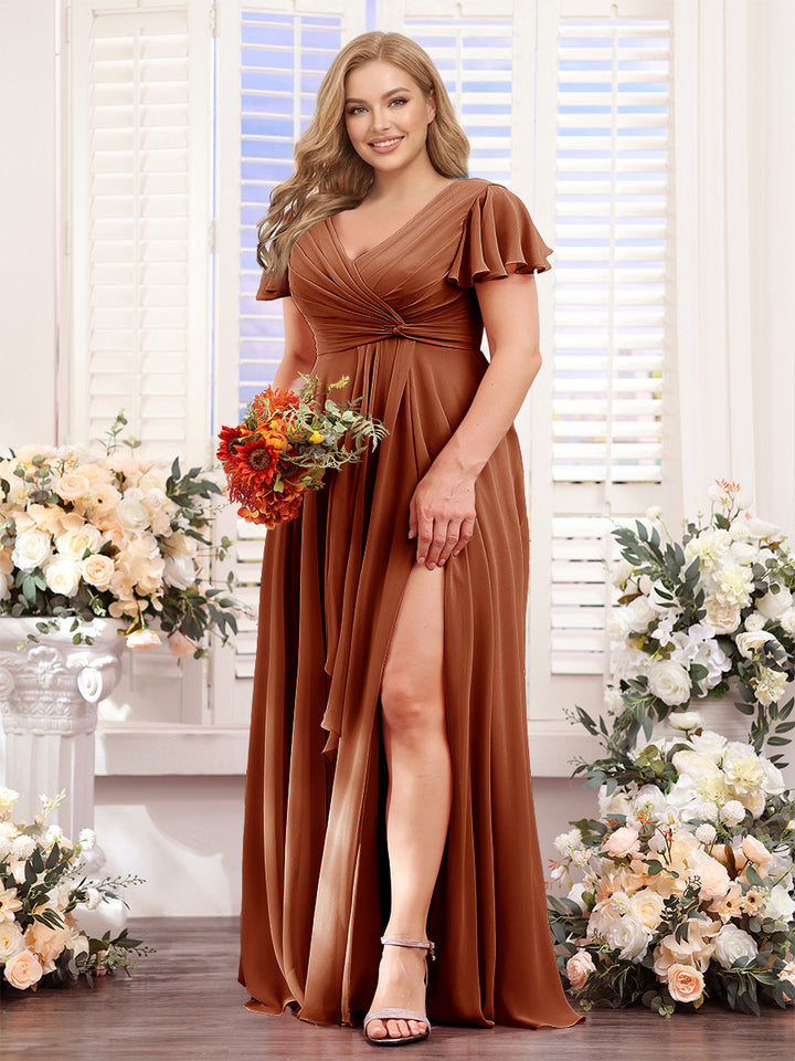 A-Line V-Neck Short Sleeves Split Side Chiffon Plus Size Bridesmaid Dresses