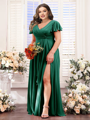 A-Line V-Neck Short Sleeves Split Side Chiffon Plus Size Bridesmaid Dresses