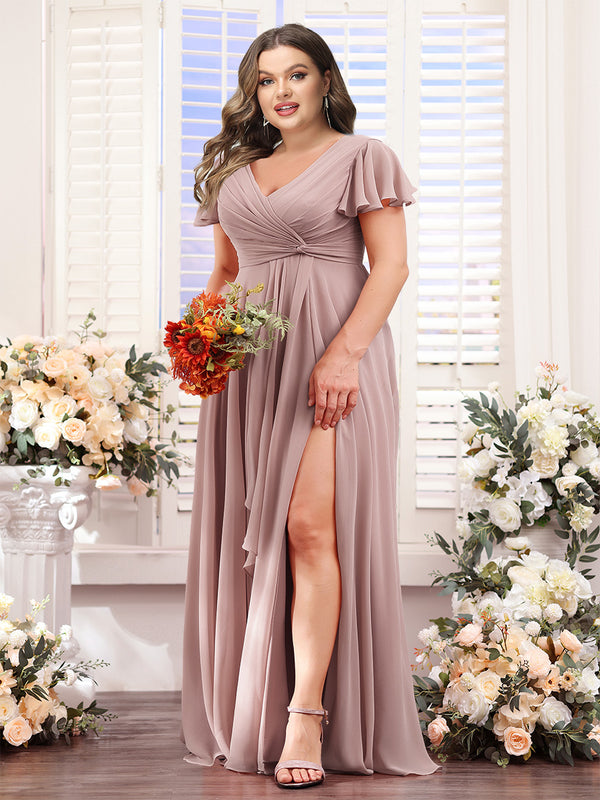 A-Line V-Neck Short Sleeves Split Side Chiffon Plus Size Bridesmaid Dresses
