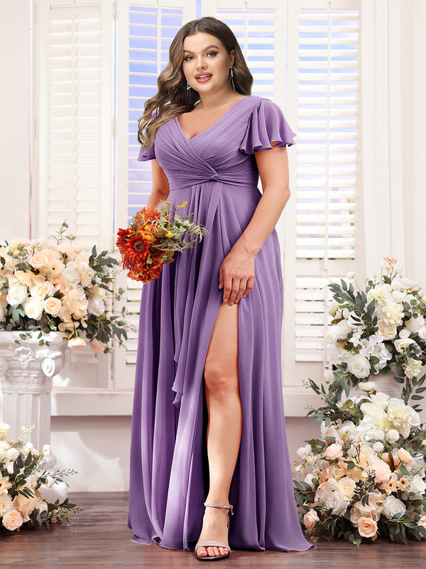 A-Line V-Neck Short Sleeves Split Side Chiffon Plus Size Bridesmaid Dresses