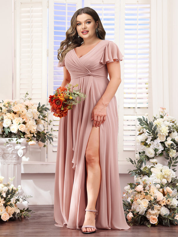 A-Line V-Neck Short Sleeves Split Side Chiffon Plus Size Bridesmaid Dresses