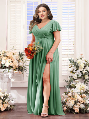 A-Line V-Neck Short Sleeves Split Side Chiffon Plus Size Bridesmaid Dresses