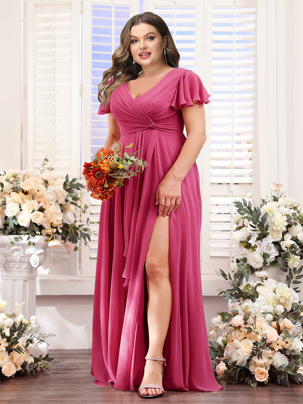 A-Line V-Neck Short Sleeves Split Side Chiffon Plus Size Bridesmaid Dresses