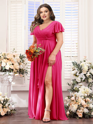 A-Line V-Neck Short Sleeves Split Side Chiffon Plus Size Bridesmaid Dresses
