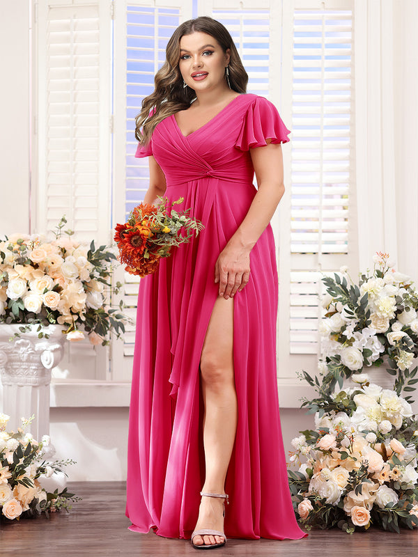 A-Line V-Neck Short Sleeves Split Side Chiffon Plus Size Bridesmaid Dresses
