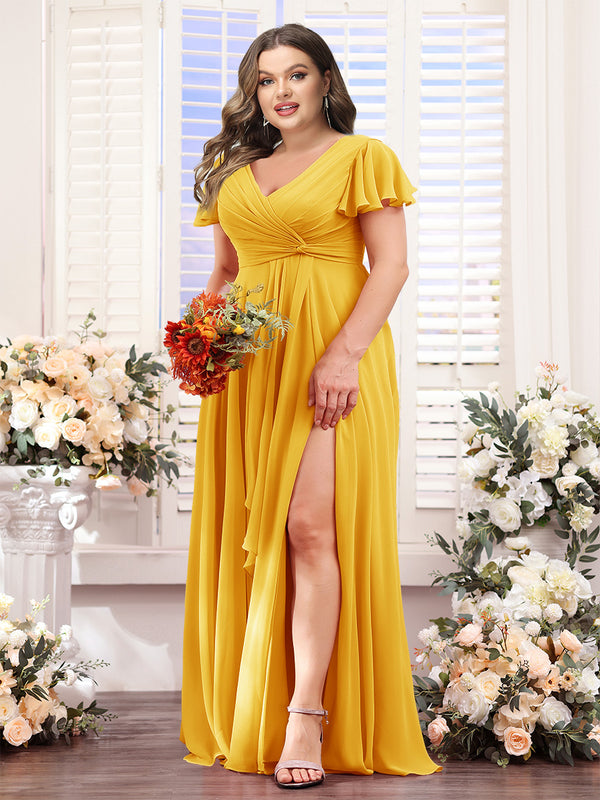 A-Line V-Neck Short Sleeves Split Side Chiffon Plus Size Bridesmaid Dresses