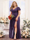 A-Line V-Neck Short Sleeves Split Side Chiffon Plus Size Bridesmaid Dresses