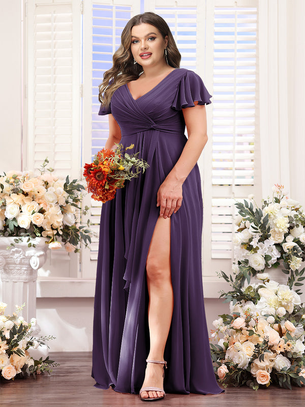 A-Line V-Neck Short Sleeves Split Side Chiffon Plus Size Bridesmaid Dresses