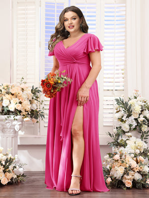A-Line V-Neck Short Sleeves Split Side Chiffon Plus Size Bridesmaid Dresses