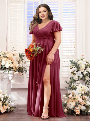 A-Line V-Neck Short Sleeves Split Side Chiffon Plus Size Bridesmaid Dresses