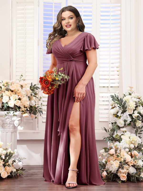 A-Line V-Neck Short Sleeves Split Side Chiffon Plus Size Bridesmaid Dresses