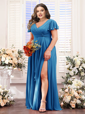 A-Line V-Neck Short Sleeves Split Side Chiffon Plus Size Bridesmaid Dresses