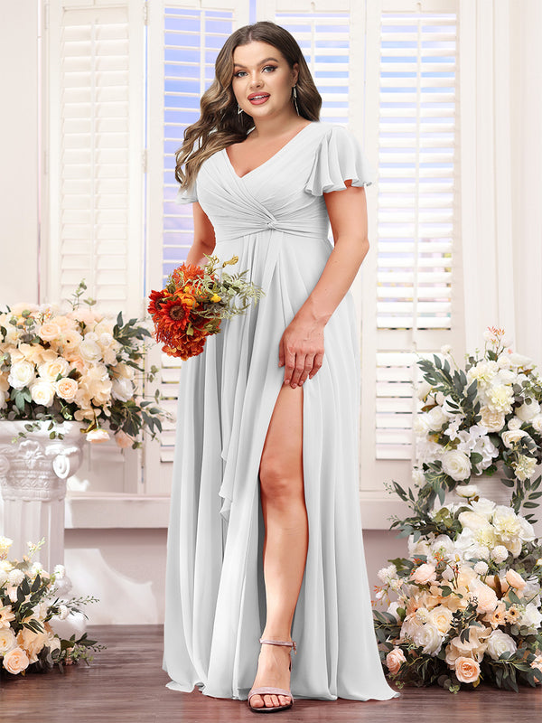 A-Line V-Neck Short Sleeves Split Side Chiffon Plus Size Bridesmaid Dresses