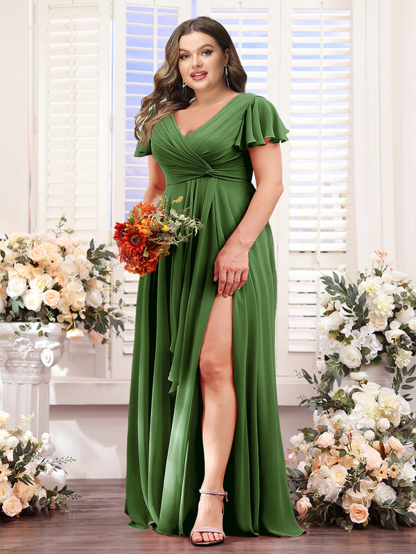 A-Line V-Neck Short Sleeves Split Side Chiffon Plus Size Bridesmaid Dresses