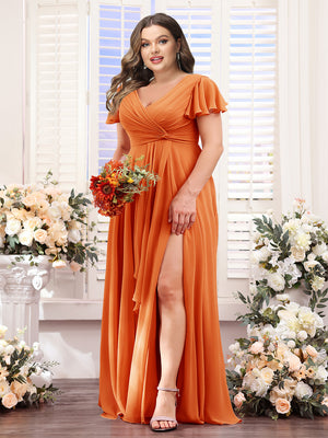 A-Line V-Neck Short Sleeves Split Side Chiffon Plus Size Bridesmaid Dresses