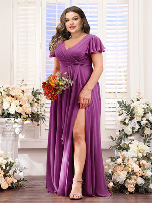 A-Line V-Neck Short Sleeves Split Side Chiffon Plus Size Bridesmaid Dresses