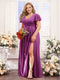 A-Line V-Neck Short Sleeves Split Side Chiffon Plus Size Bridesmaid Dresses
