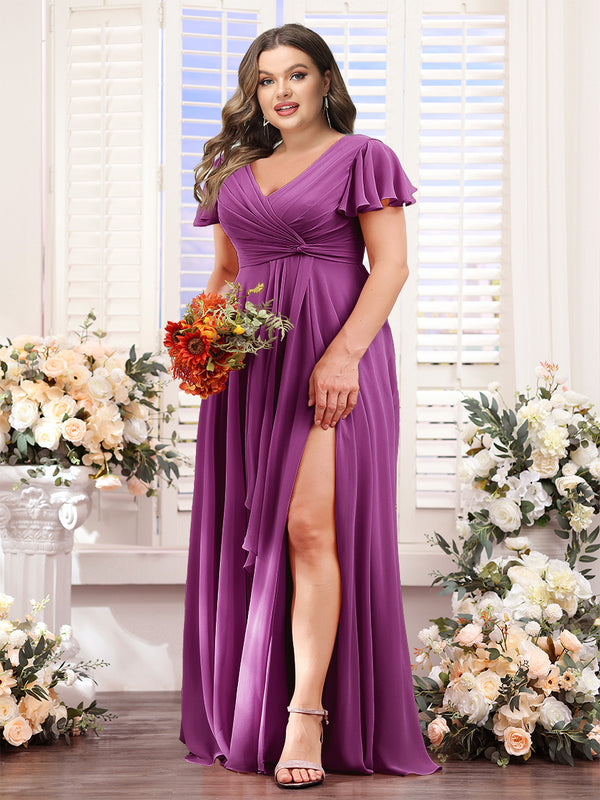 A-Line V-Neck Short Sleeves Split Side Chiffon Plus Size Bridesmaid Dresses