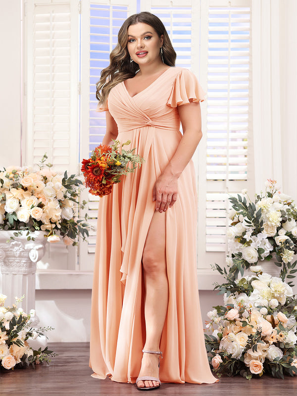 A-Line V-Neck Short Sleeves Split Side Chiffon Plus Size Bridesmaid Dresses