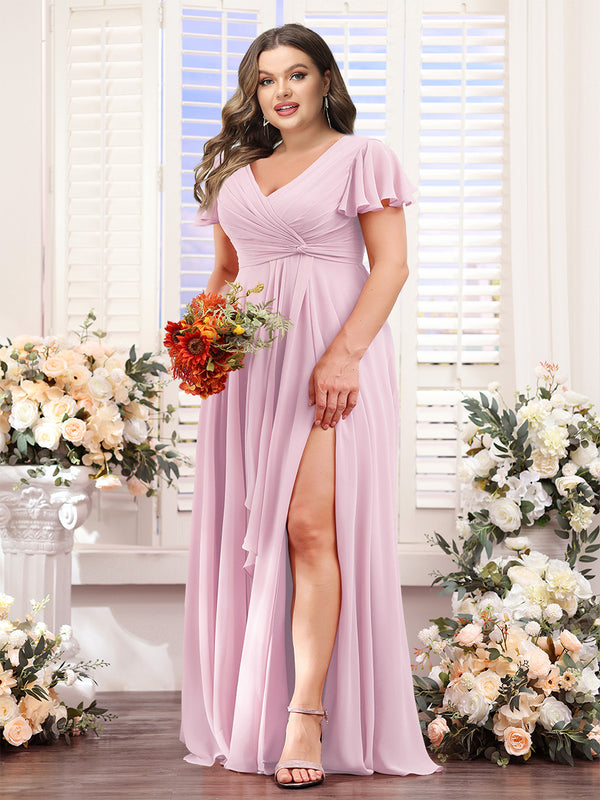 A-Line V-Neck Short Sleeves Split Side Chiffon Plus Size Bridesmaid Dresses