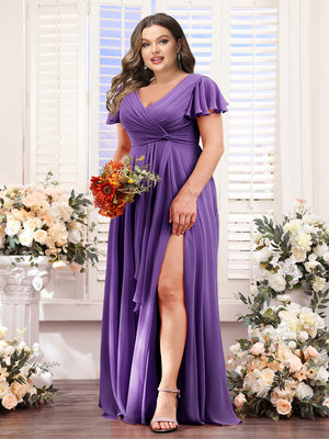 A-Line V-Neck Short Sleeves Split Side Chiffon Plus Size Bridesmaid Dresses