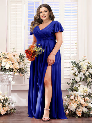 A-Line V-Neck Short Sleeves Split Side Chiffon Plus Size Bridesmaid Dresses