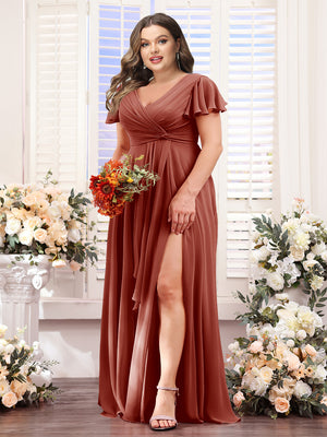 A-Line V-Neck Short Sleeves Split Side Chiffon Plus Size Bridesmaid Dresses