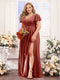 A-Line V-Neck Short Sleeves Split Side Chiffon Plus Size Bridesmaid Dresses