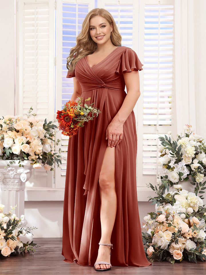 A-Line V-Neck Short Sleeves Split Side Chiffon Plus Size Bridesmaid Dresses