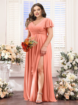 A-Line V-Neck Short Sleeves Split Side Chiffon Plus Size Bridesmaid Dresses