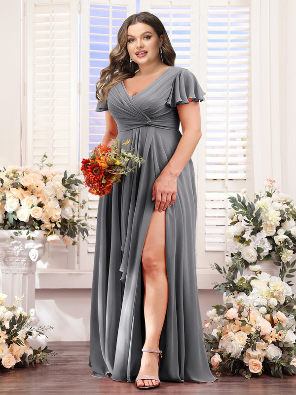 A-Line V-Neck Short Sleeves Split Side Chiffon Plus Size Bridesmaid Dresses