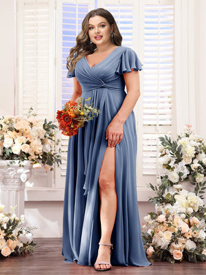 A-Line V-Neck Short Sleeves Split Side Chiffon Plus Size Bridesmaid Dresses