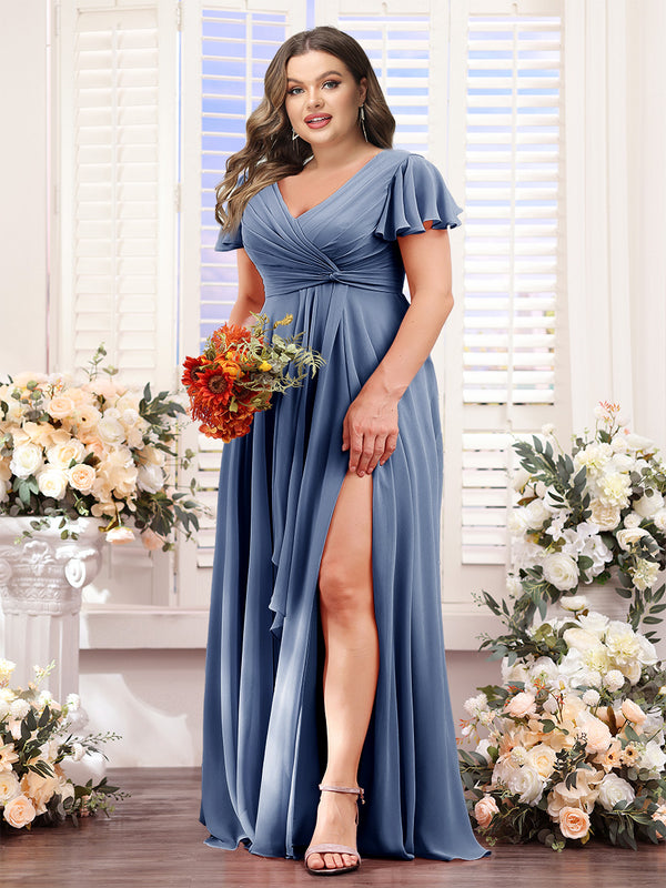 A-Line V-Neck Short Sleeves Split Side Chiffon Plus Size Bridesmaid Dresses
