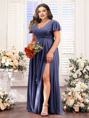 A-Line V-Neck Short Sleeves Split Side Chiffon Plus Size Bridesmaid Dresses
