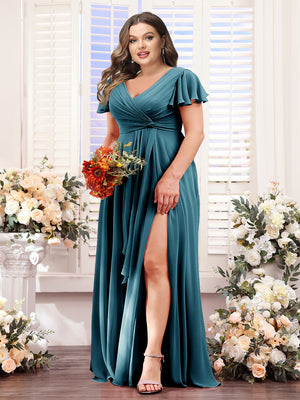 A-Line V-Neck Short Sleeves Split Side Chiffon Plus Size Bridesmaid Dresses
