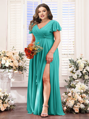 A-Line V-Neck Short Sleeves Split Side Chiffon Plus Size Bridesmaid Dresses