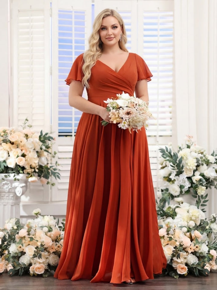 A-Line V-Neck Short Sleeves Split Side Ruched Chiffon Plus Size Bridesmaid Dresses
