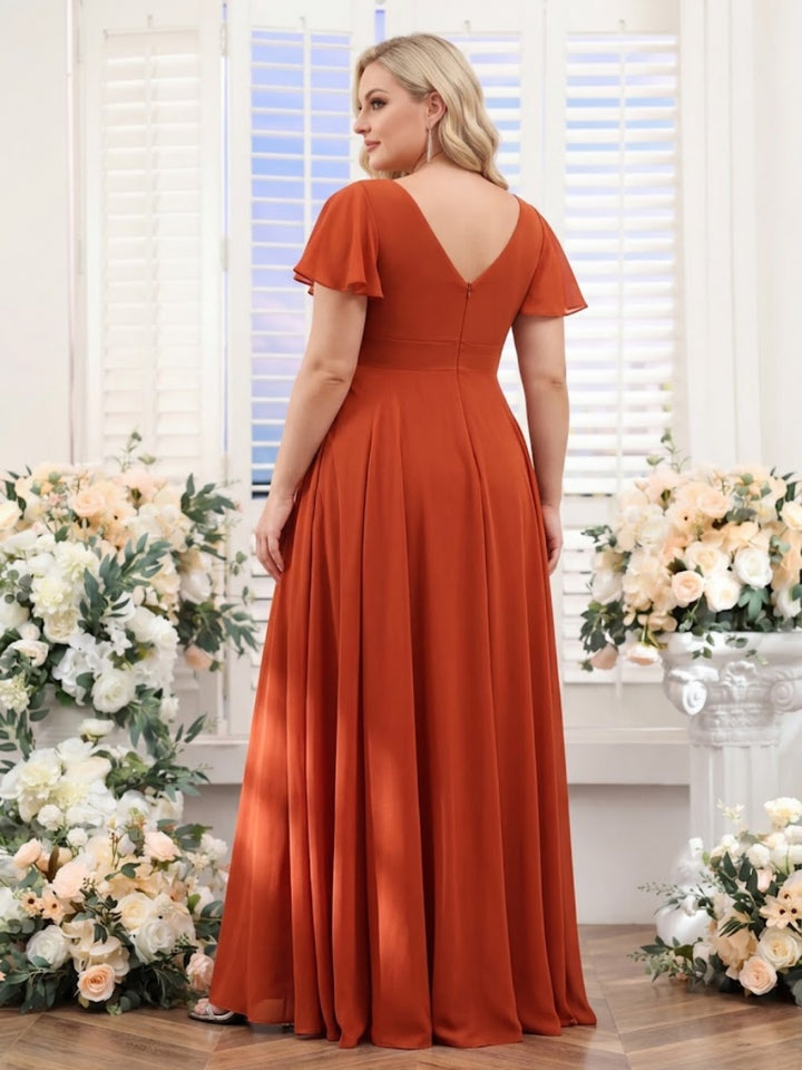 A-Line V-Neck Short Sleeves Split Side Ruched Chiffon Plus Size Bridesmaid Dresses