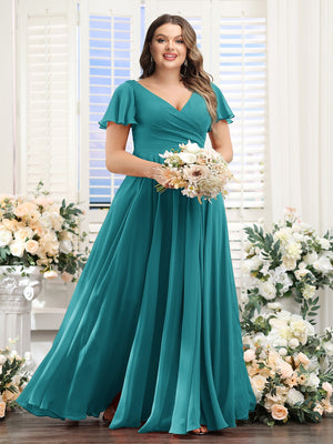 A-Line V-Neck Short Sleeves Split Side Ruched Chiffon Plus Size Bridesmaid Dresses