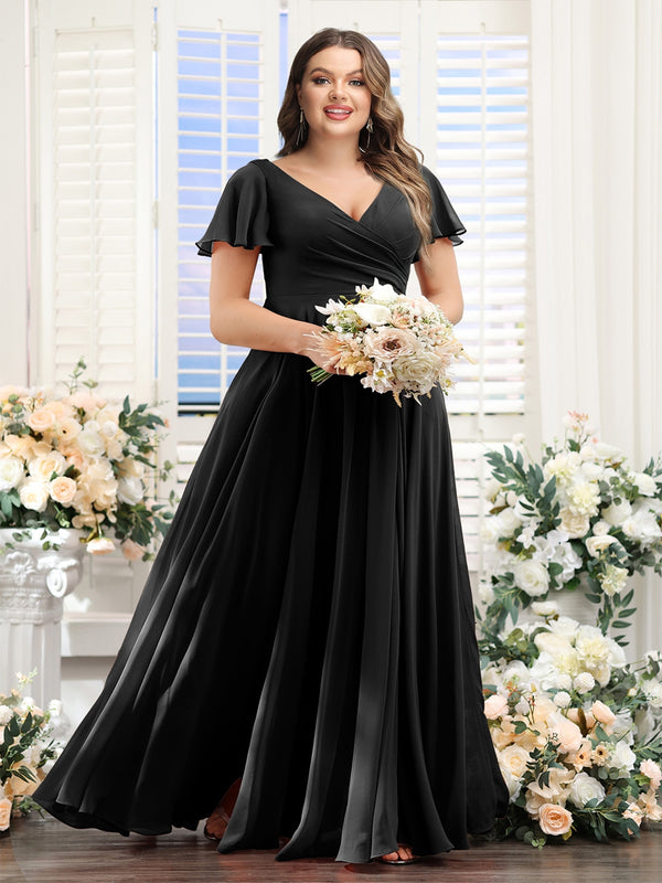 A-Line V-Neck Short Sleeves Split Side Ruched Chiffon Plus Size Bridesmaid Dresses