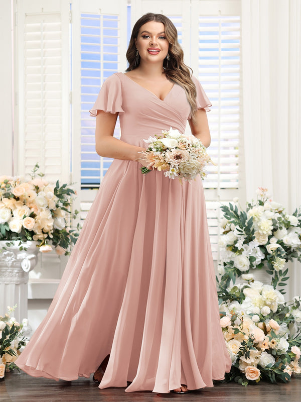 A-Line V-Neck Short Sleeves Split Side Ruched Chiffon Plus Size Bridesmaid Dresses
