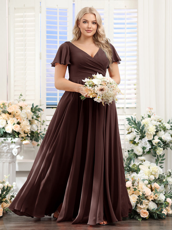 A-Line V-Neck Short Sleeves Split Side Ruched Chiffon Plus Size Bridesmaid Dresses