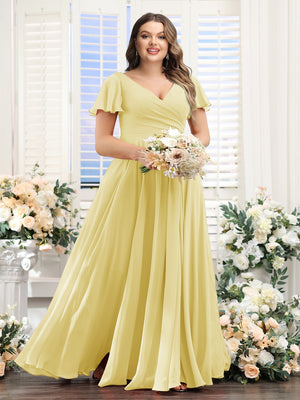 A-Line V-Neck Short Sleeves Split Side Ruched Chiffon Plus Size Bridesmaid Dresses