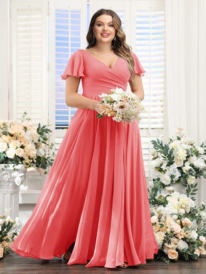A-Line V-Neck Short Sleeves Split Side Ruched Chiffon Plus Size Bridesmaid Dresses
