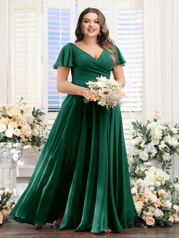 A-Line V-Neck Short Sleeves Split Side Ruched Chiffon Plus Size Bridesmaid Dresses