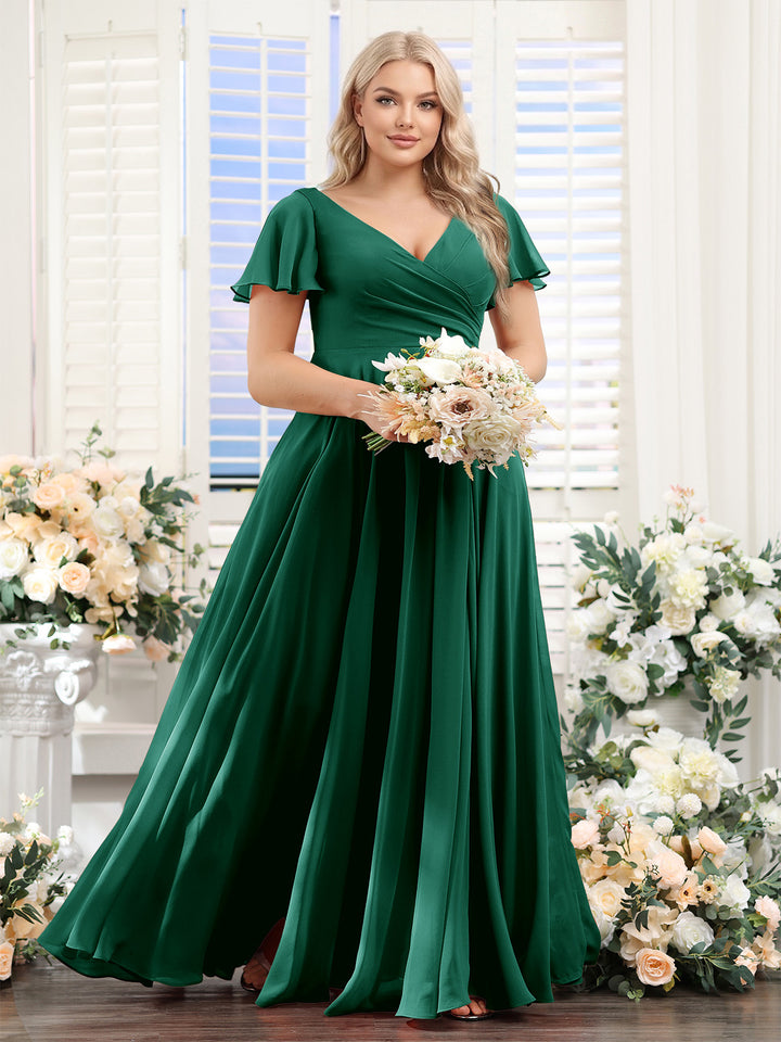 A-Line V-Neck Short Sleeves Split Side Ruched Chiffon Plus Size Bridesmaid Dresses