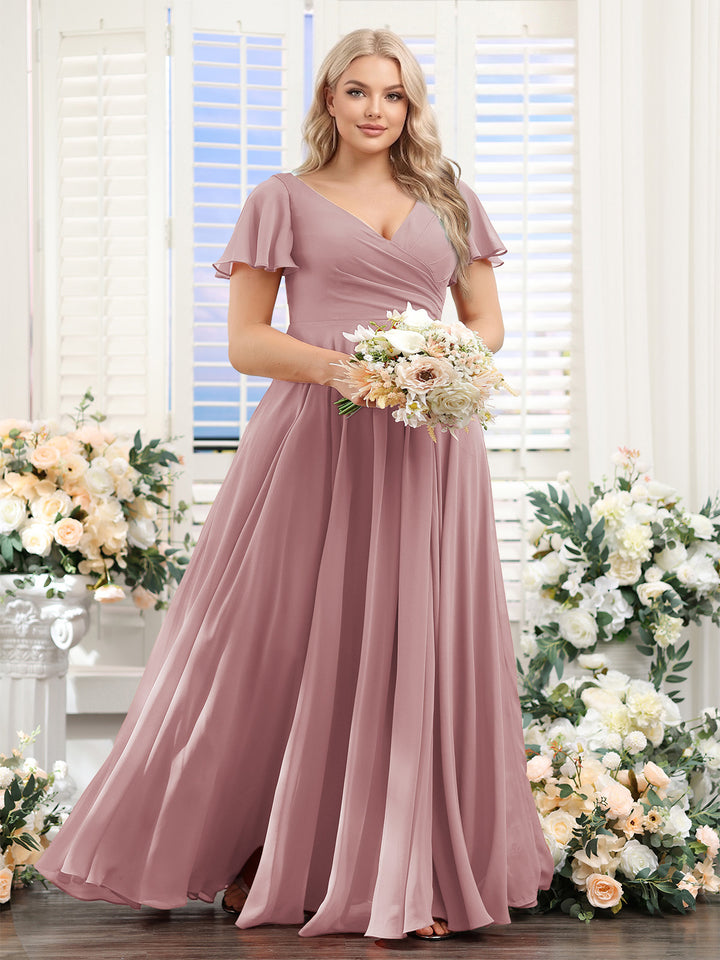 A-Line V-Neck Short Sleeves Split Side Ruched Chiffon Plus Size Bridesmaid Dresses